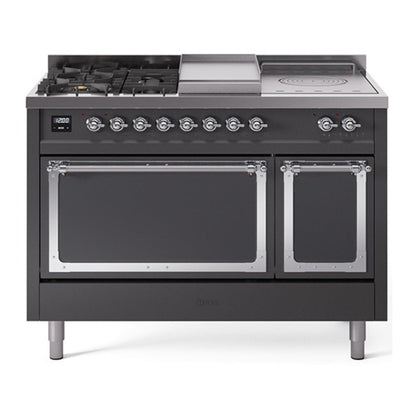 ILVE Nostalgie II Noblesse 48" Graphite Matte Dual Fuel Range with 5 Burners, Griddle and French Top Solid Door Natural Gas