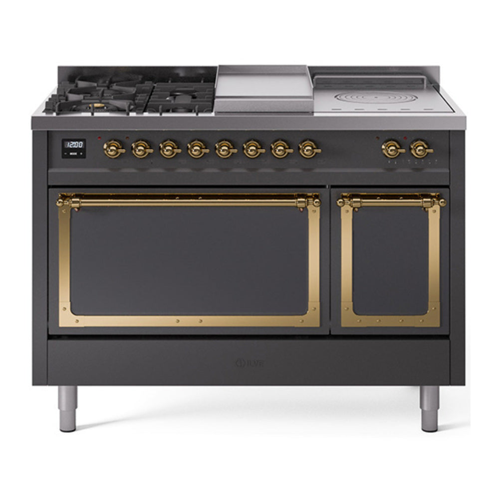 ILVE Nostalgie II Noblesse 48" Graphite Matte Dual Fuel Range with 5 Burners, Griddle and French Top Solid Door Natural Gas