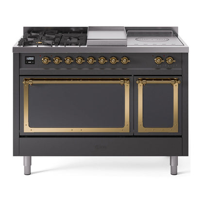 ILVE Nostalgie II Noblesse 48" Graphite Matte Dual Fuel Range with 5 Burners, Griddle and French Top Solid Door Natural Gas