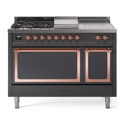 ILVE Nostalgie II Noblesse 48" Graphite Matte Dual Fuel Range with 5 Burners, Griddle and French Top Solid Door Natural Gas