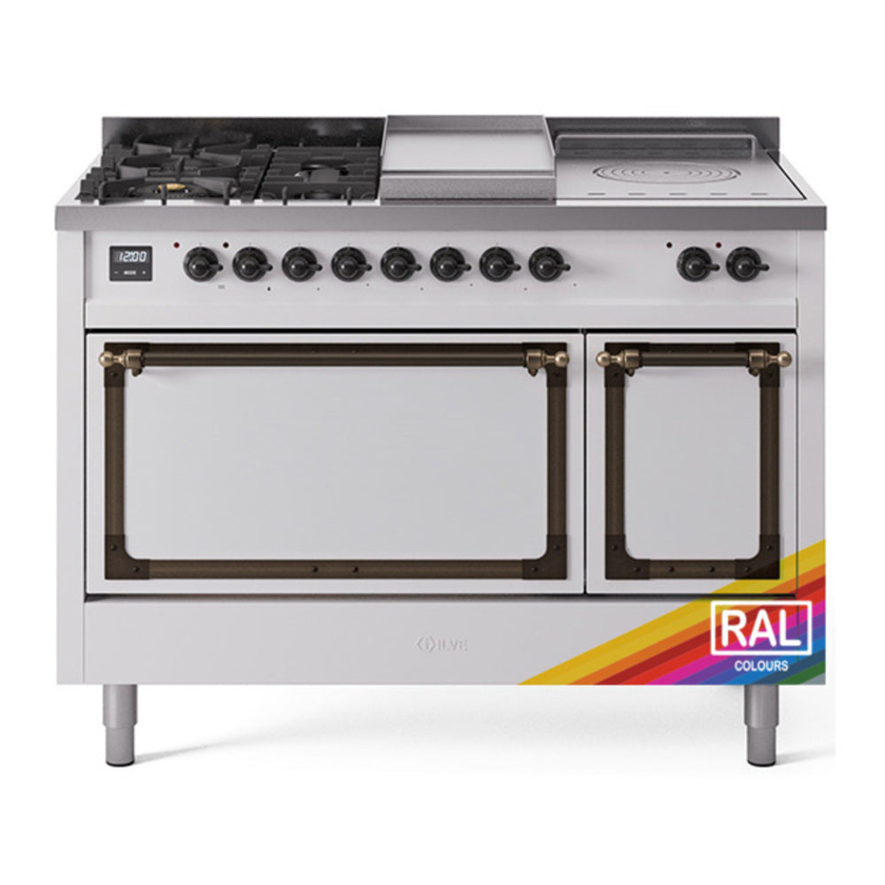 ILVE Nostalgie II Noblesse 48" RAL Dual Fuel Range with 5 Burners, Griddle and French Top Solid Door Natural Gas