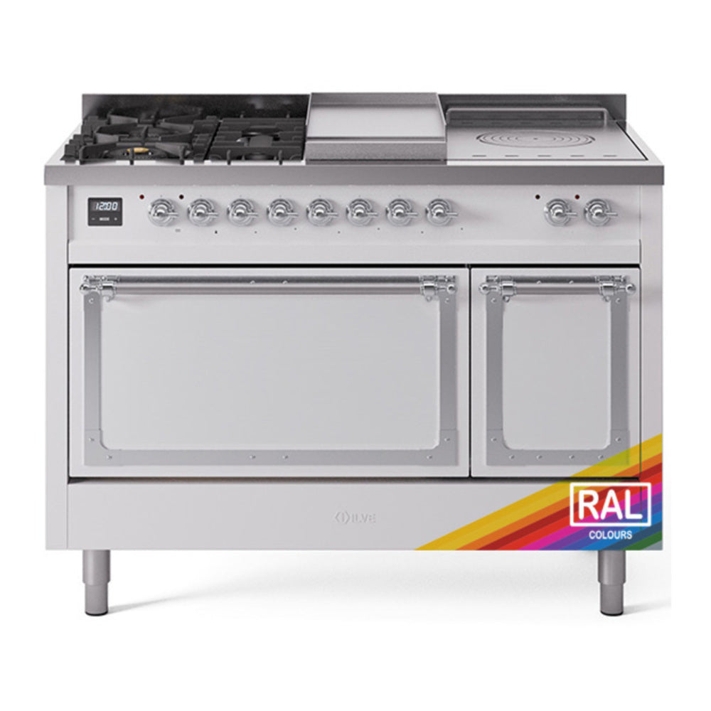 ILVE Nostalgie II Noblesse 48" RAL Dual Fuel Range with 5 Burners, Griddle and French Top Solid Door Natural Gas