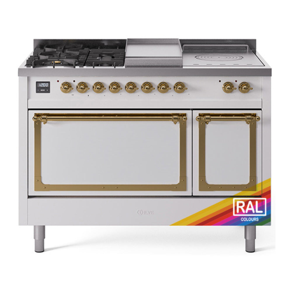 ILVE Nostalgie II Noblesse 48" RAL Dual Fuel Range with 5 Burners, Griddle and French Top Solid Door Natural Gas