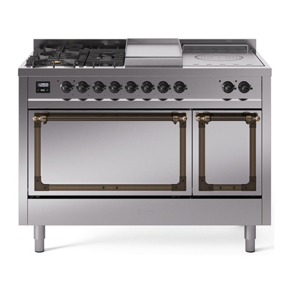 ILVE Nostalgie II Noblesse 48" Stainless Steel Dual Fuel Range with 5 Burners, Griddle and French Top Solid Door Natural Gas