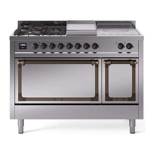 ILVE Nostalgie II Noblesse 48" Stainless Steel Dual Fuel Range with 5 Burners, Griddle and French Top Solid Door Natural Gas