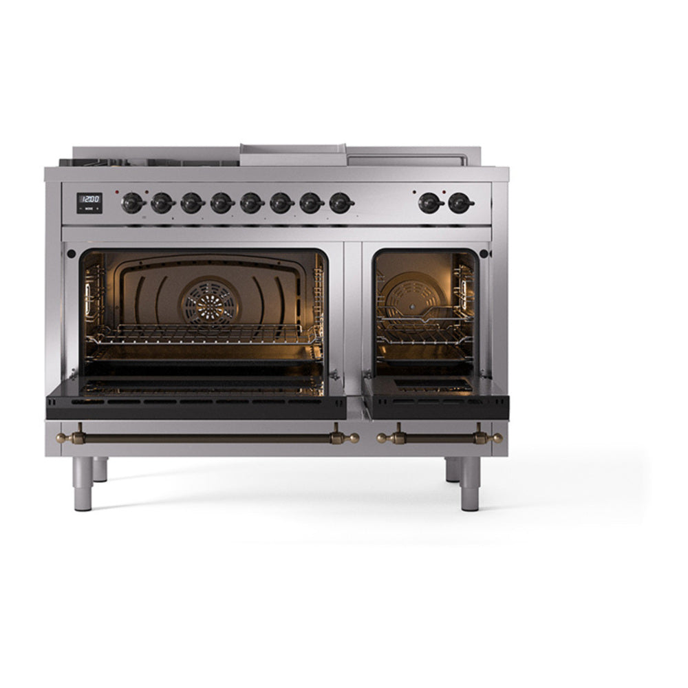 ILVE Nostalgie II Noblesse 48" Stainless Steel Dual Fuel Range with 5 Burners, Griddle and French Top Solid Door Natural Gas