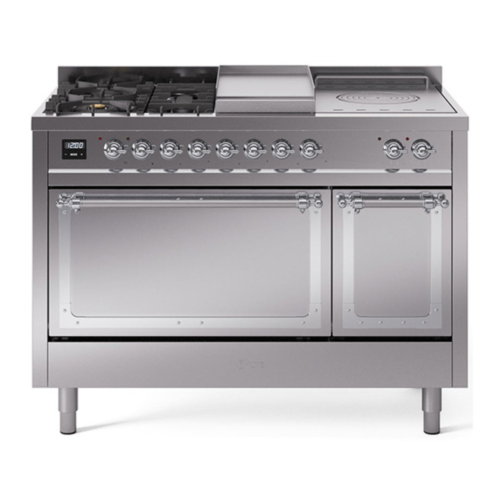 ILVE Nostalgie II Noblesse 48" Stainless Steel Dual Fuel Range with 5 Burners, Griddle and French Top Solid Door Natural Gas