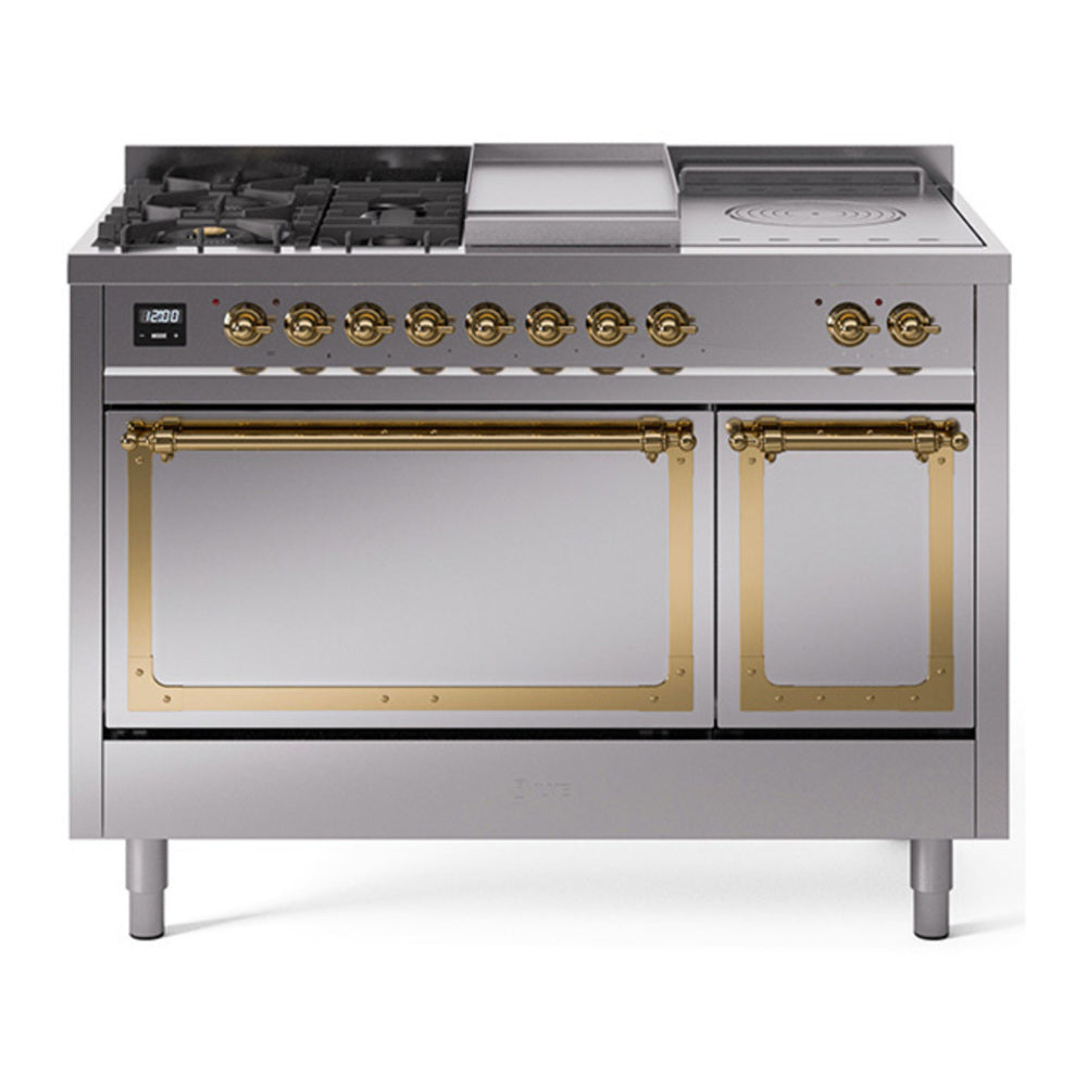ILVE Nostalgie II Noblesse 48" Stainless Steel Dual Fuel Range with 5 Burners, Griddle and French Top Solid Door Natural Gas