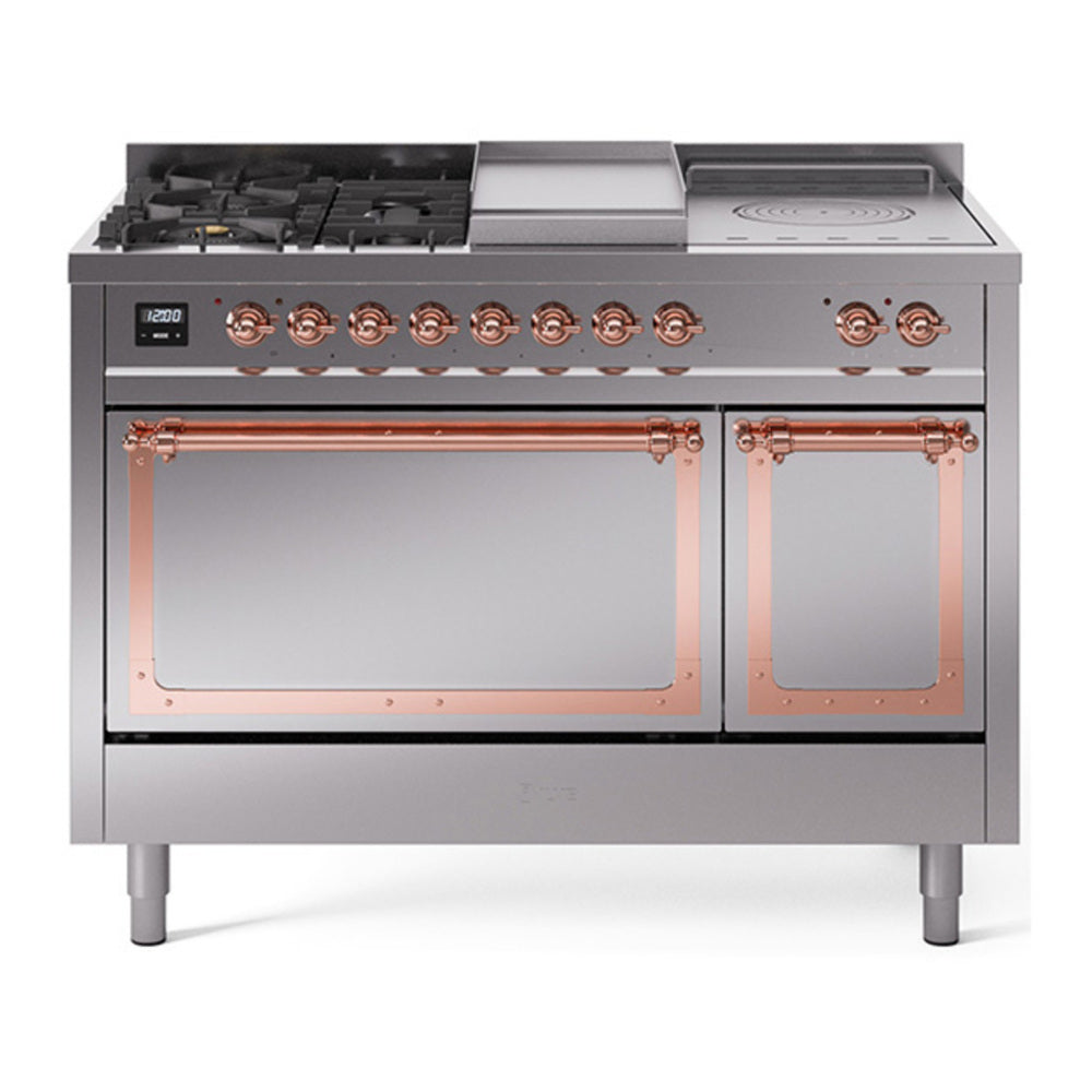 ILVE Nostalgie II Noblesse 48" Stainless Steel Dual Fuel Range with 5 Burners, Griddle and French Top Solid Door Natural Gas