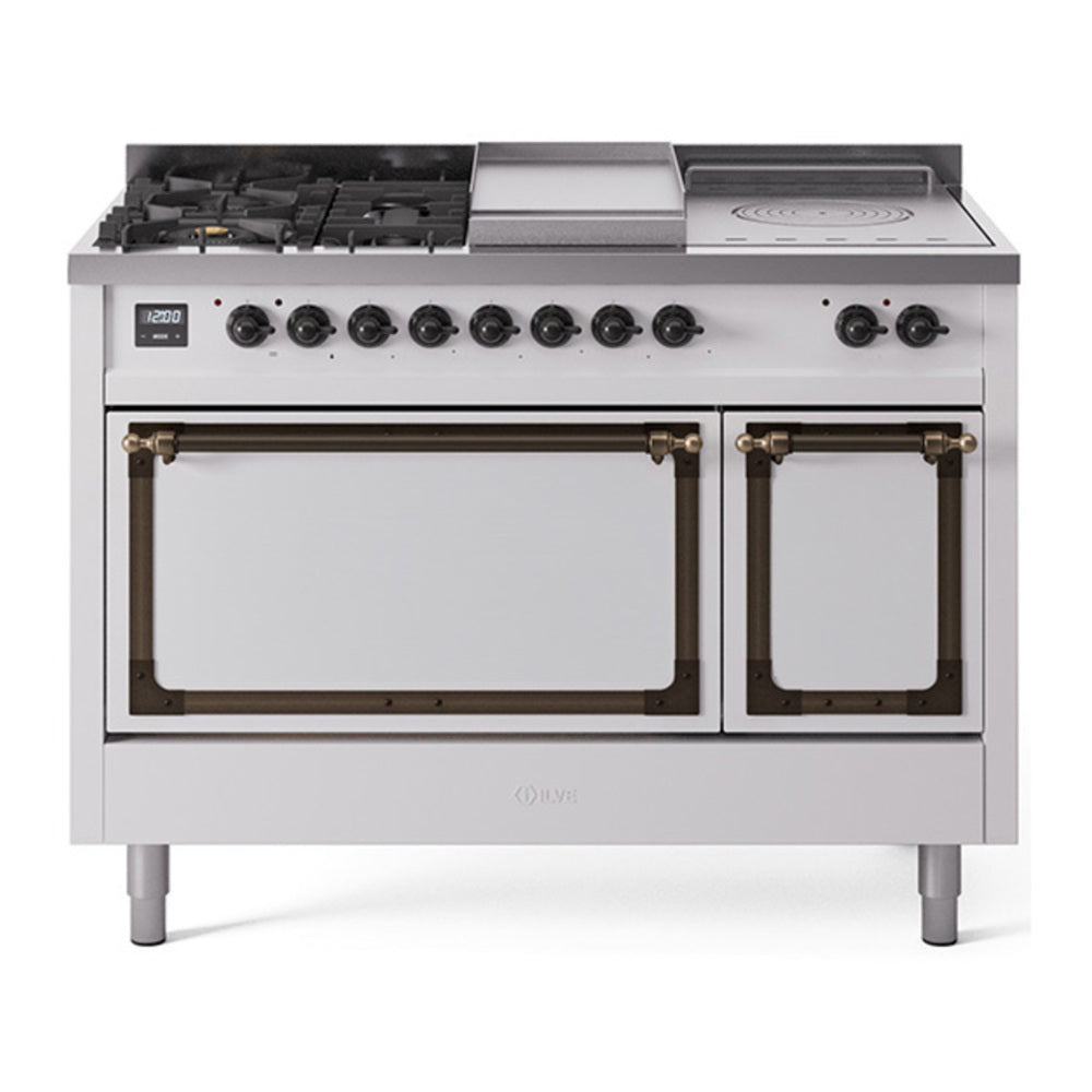 ILVE Nostalgie II Noblesse 48" White Dual Fuel Range with 5 Burners, Griddle and French Top Solid Door Natural Gas