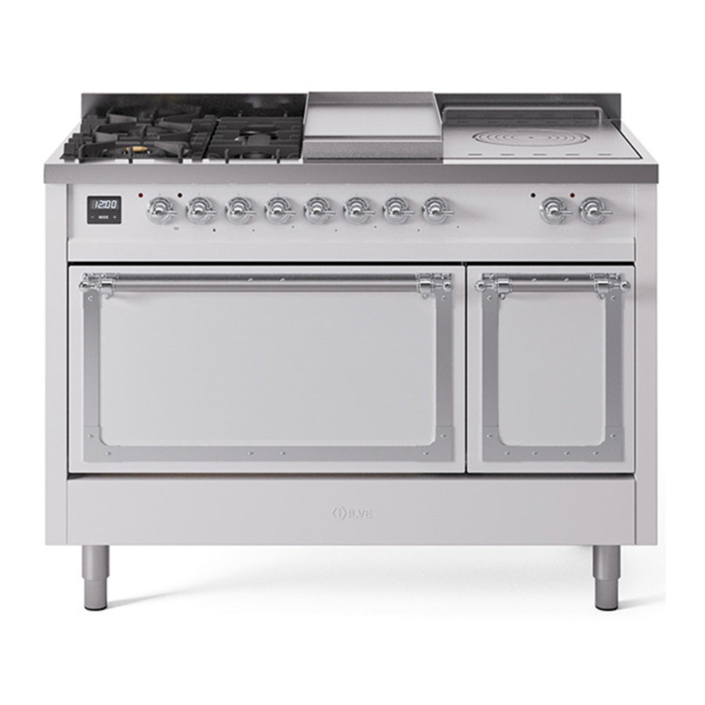 ILVE Nostalgie II Noblesse 48" White Dual Fuel Range with 5 Burners, Griddle and French Top Solid Door Natural Gas