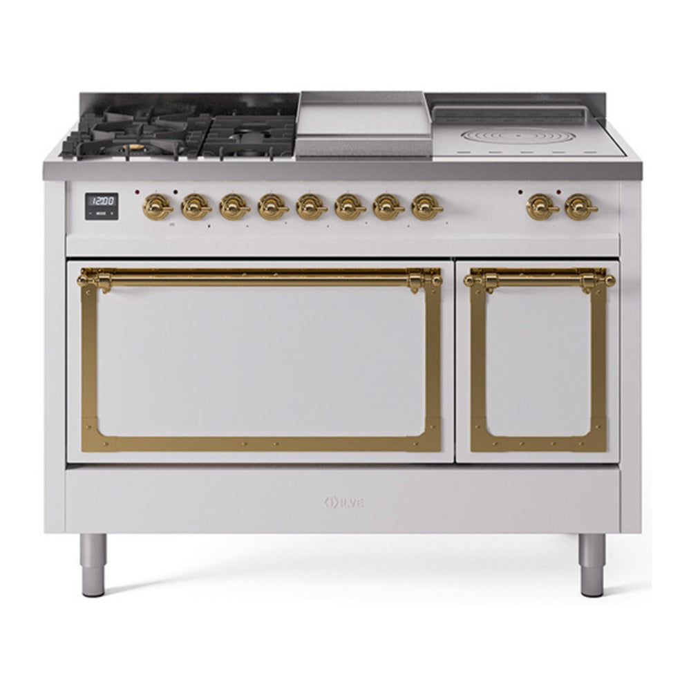 ILVE Nostalgie II Noblesse 48" White Dual Fuel Range with 5 Burners, Griddle and French Top Solid Door Natural Gas