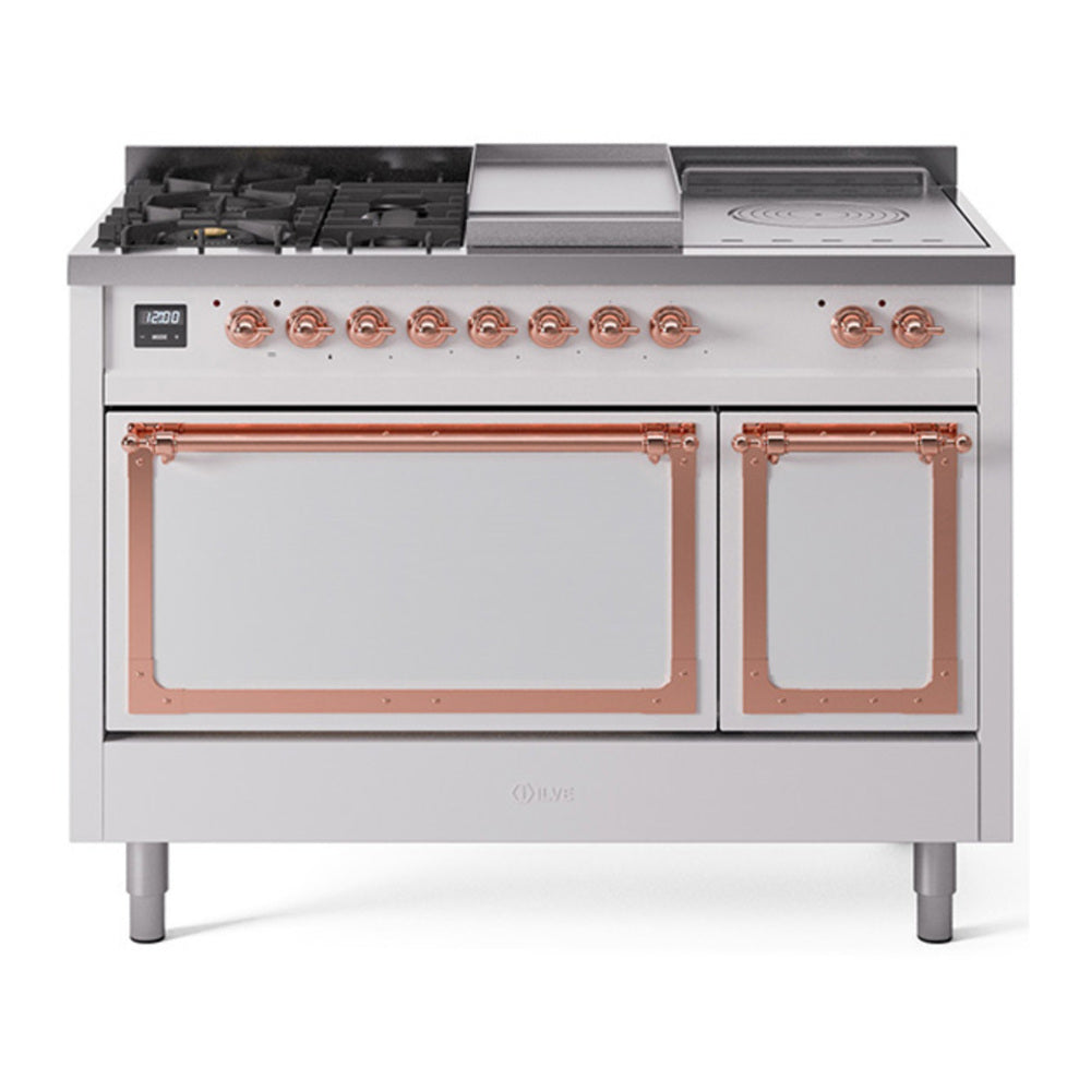 ILVE Nostalgie II Noblesse 48" White Dual Fuel Range with 5 Burners, Griddle and French Top Solid Door Natural Gas