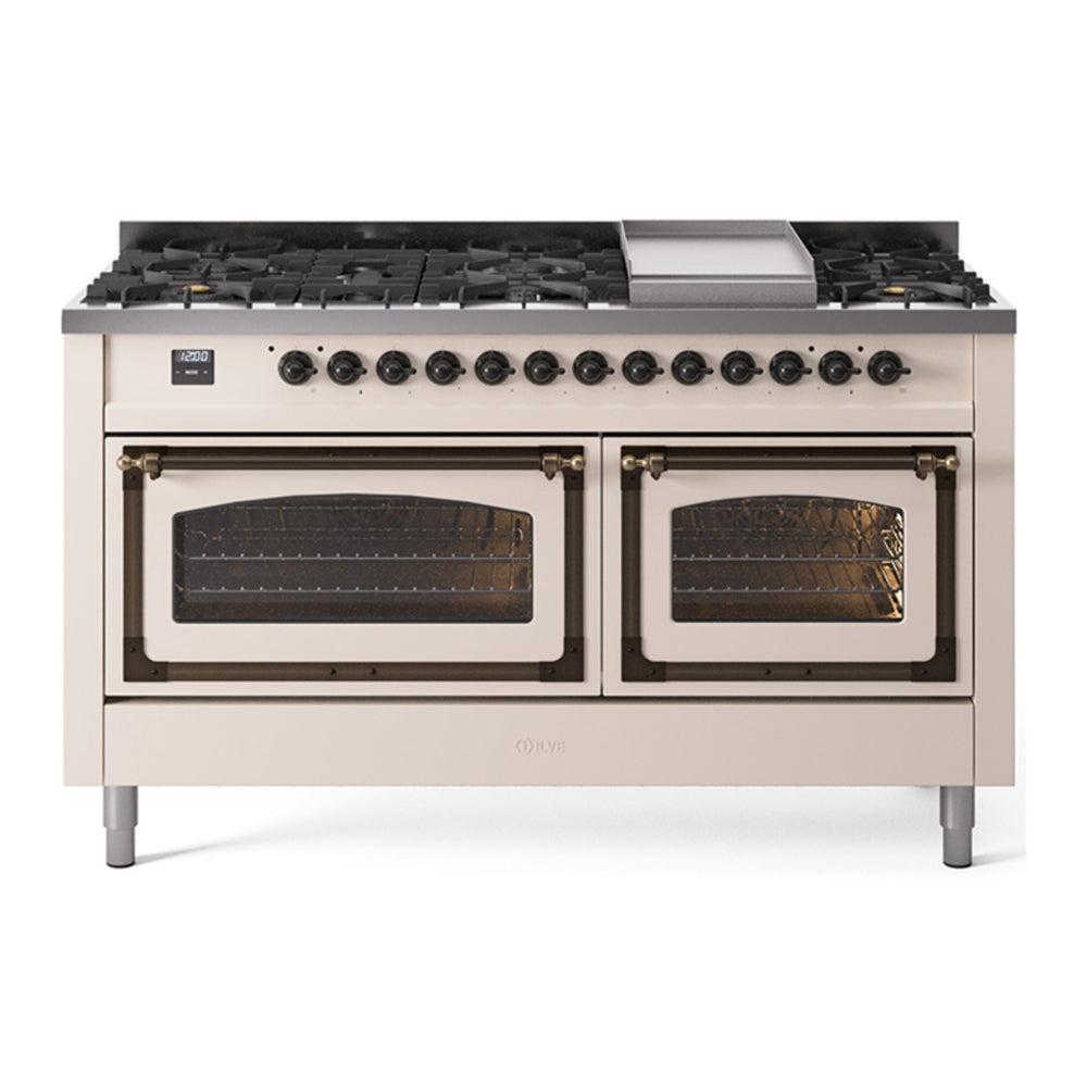 ILVE Nostalgie II Noblesse 60" Antique White Dual Fuel Range with 9 Burners and Griddle Triple Glass Door Natural Gas