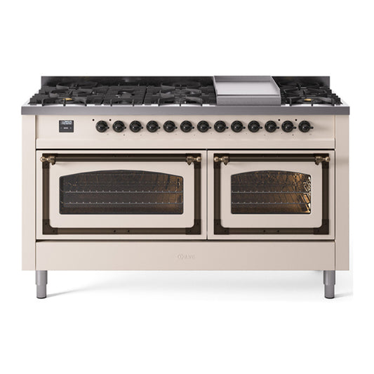 ILVE Nostalgie II Noblesse 60" Antique White Dual Fuel Range with 9 Burners and Griddle Triple Glass Door Natural Gas