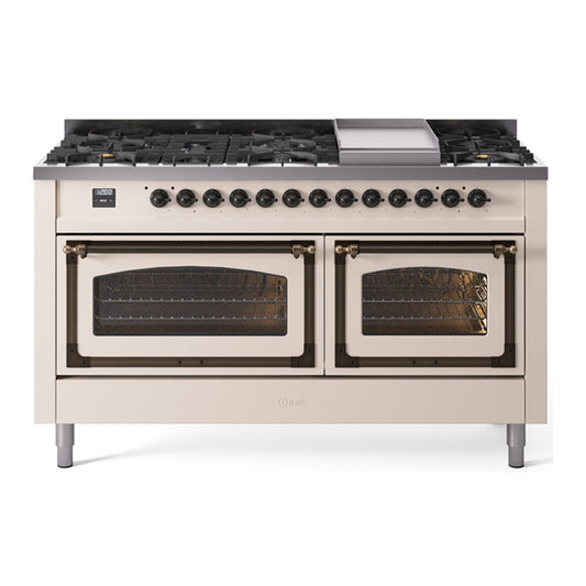 ILVE Nostalgie II Noblesse 60" Antique White Dual Fuel Range with 9 Burners and Griddle Triple Glass Door Natural Gas
