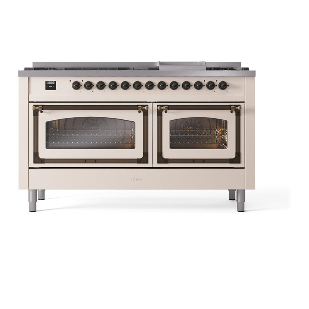 ILVE Nostalgie II Noblesse 60" Antique White Dual Fuel Range with 9 Burners and Griddle Triple Glass Door Natural Gas