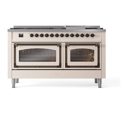 ILVE Nostalgie II Noblesse 60" Antique White Dual Fuel Range with 9 Burners and Griddle Triple Glass Door Natural Gas