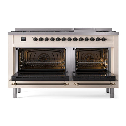 ILVE Nostalgie II Noblesse 60" Antique White Dual Fuel Range with 9 Burners and Griddle Triple Glass Door Natural Gas