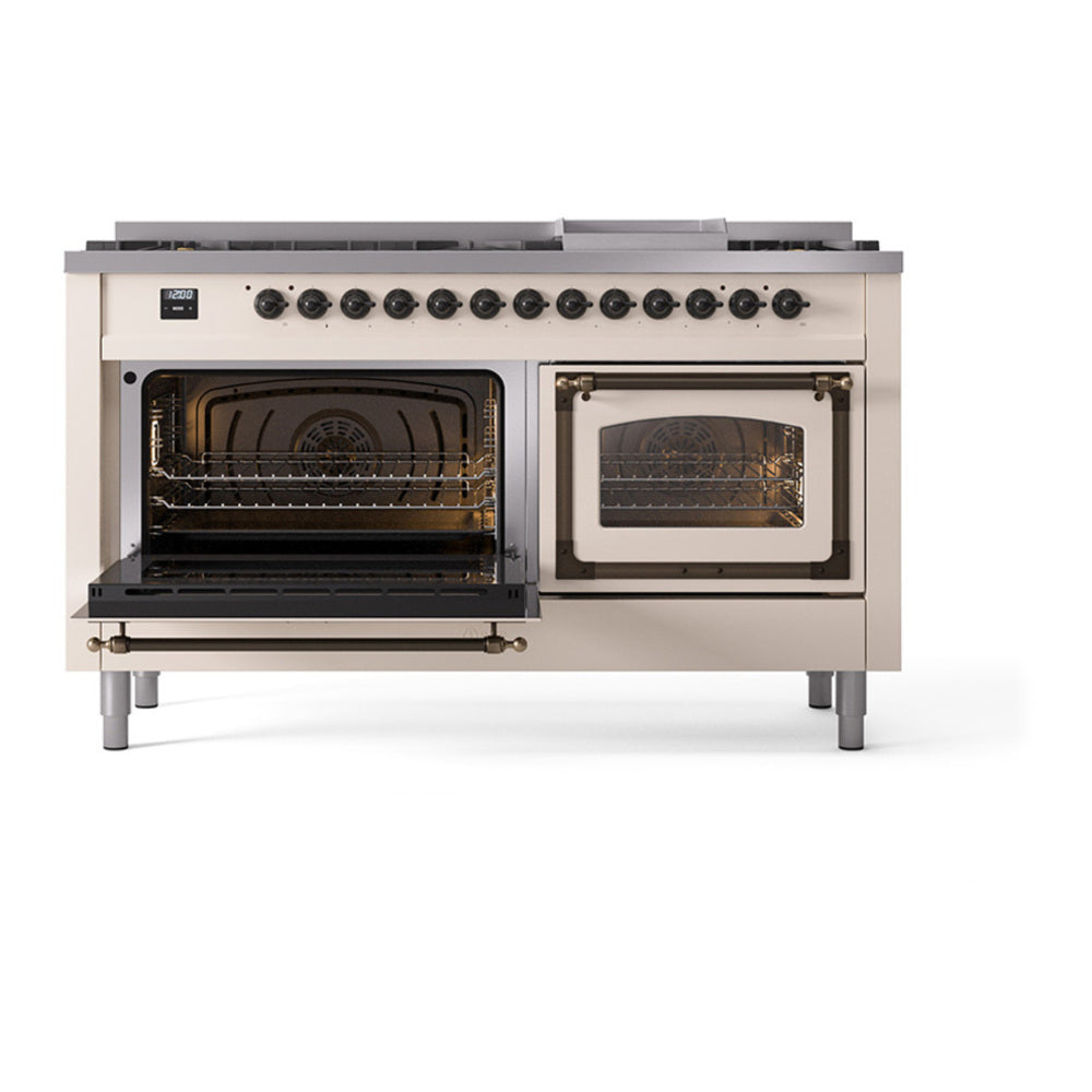 ILVE Nostalgie II Noblesse 60" Antique White Dual Fuel Range with 9 Burners and Griddle Triple Glass Door Natural Gas
