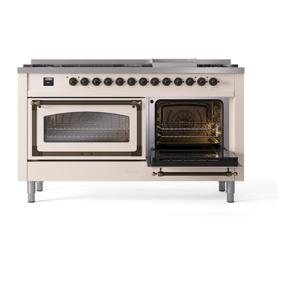 ILVE Nostalgie II Noblesse 60" Antique White Dual Fuel Range with 9 Burners and Griddle Triple Glass Door Natural Gas