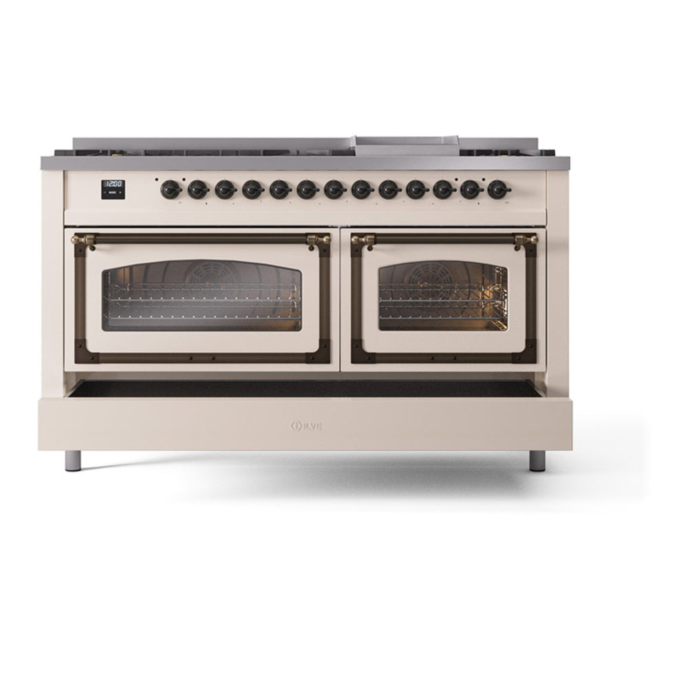 ILVE Nostalgie II Noblesse 60" Antique White Dual Fuel Range with 9 Burners and Griddle Triple Glass Door Natural Gas