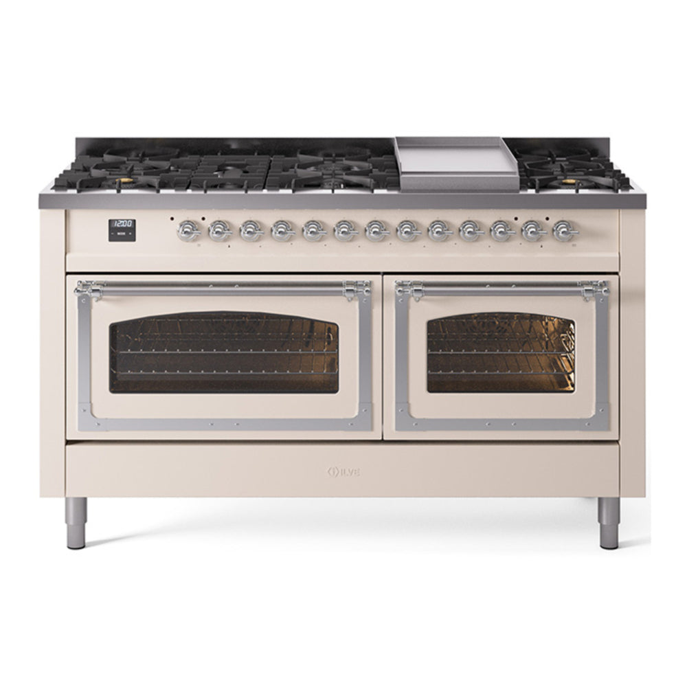 ILVE Nostalgie II Noblesse 60" Antique White Dual Fuel Range with 9 Burners and Griddle Triple Glass Door Natural Gas