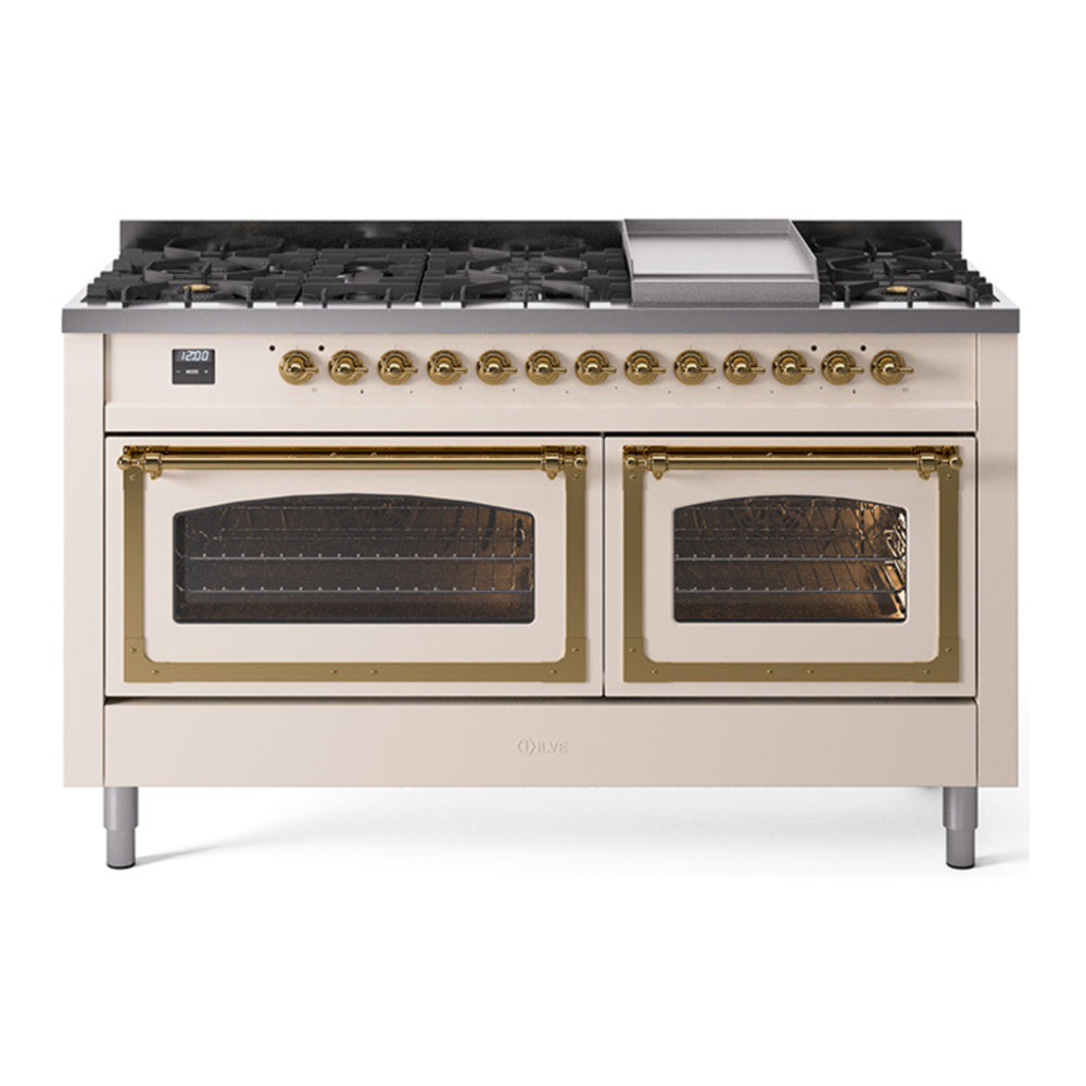 ILVE Nostalgie II Noblesse 60" Antique White Dual Fuel Range with 9 Burners and Griddle Triple Glass Door Natural Gas