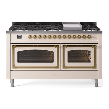 ILVE Nostalgie II Noblesse 60" Antique White Dual Fuel Range with 9 Burners and Griddle Triple Glass Door Natural Gas