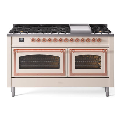 ILVE Nostalgie II Noblesse 60" Antique White Dual Fuel Range with 9 Burners and Griddle Triple Glass Door Natural Gas