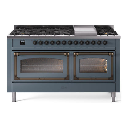 ILVE Nostalgie II Noblesse 60" Blue Grey Dual Fuel Range with 9 Burners and Griddle Triple Glass Door Liquid Propane