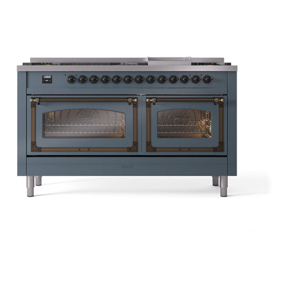 ILVE Nostalgie II Noblesse 60" Blue Grey Dual Fuel Range with 9 Burners and Griddle Triple Glass Door Liquid Propane
