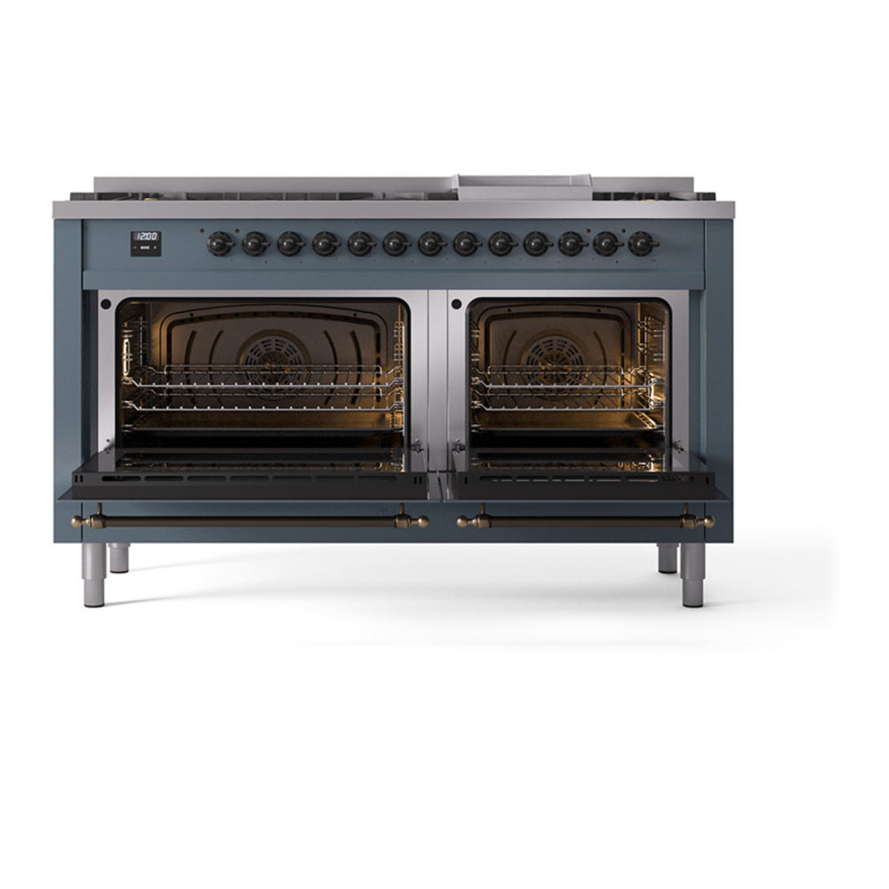ILVE Nostalgie II Noblesse 60" Blue Grey Dual Fuel Range with 9 Burners and Griddle Triple Glass Door Liquid Propane