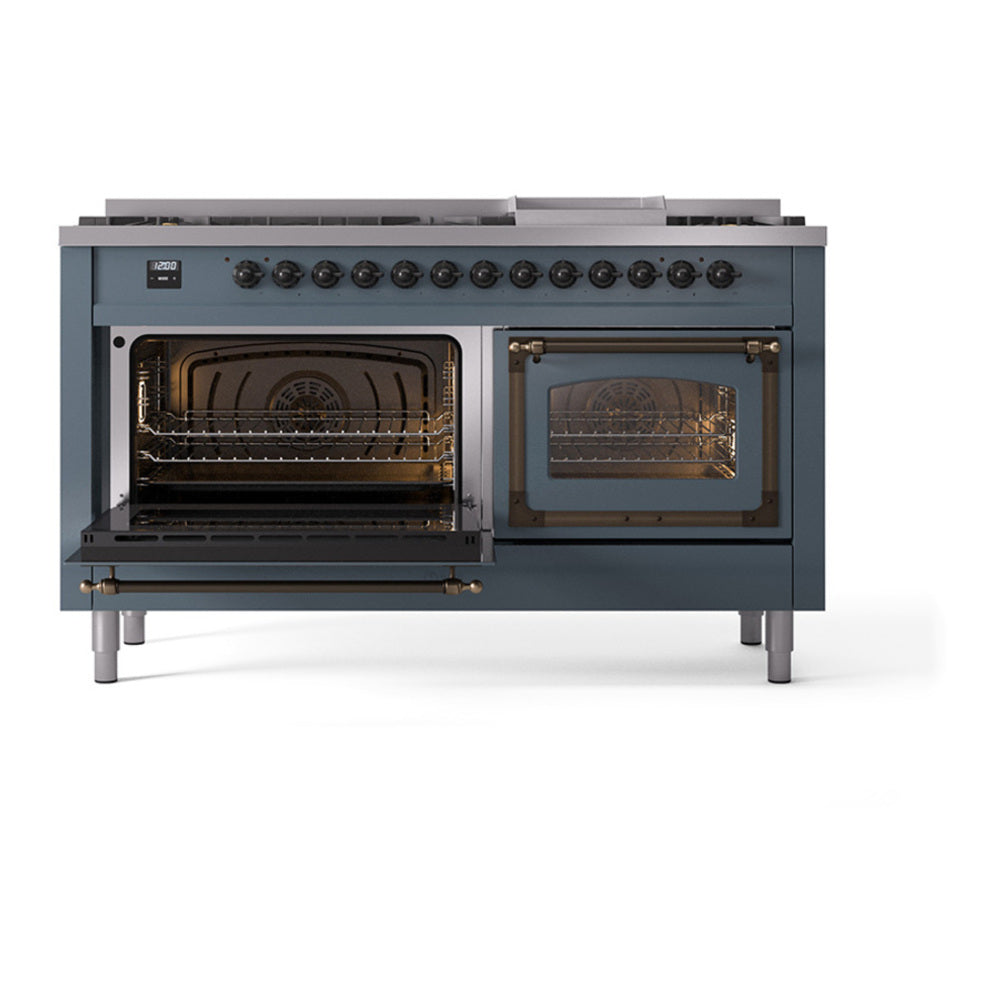 ILVE Nostalgie II Noblesse 60" Blue Grey Dual Fuel Range with 9 Burners and Griddle Triple Glass Door Liquid Propane