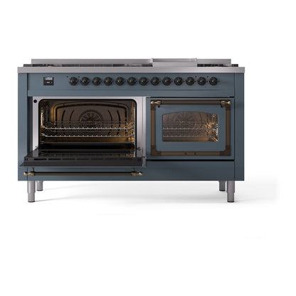 ILVE Nostalgie II Noblesse 60" Blue Grey Dual Fuel Range with 9 Burners and Griddle Triple Glass Door Liquid Propane