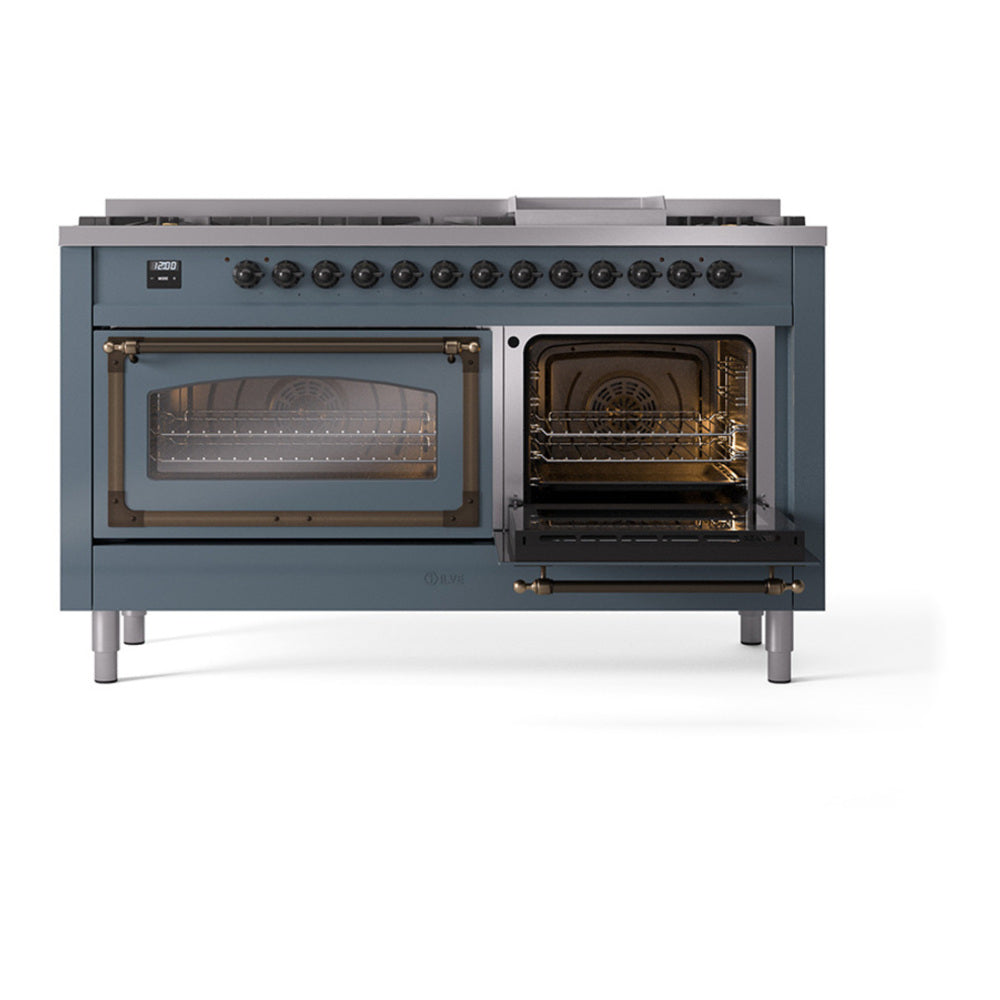 ILVE Nostalgie II Noblesse 60" Blue Grey Dual Fuel Range with 9 Burners and Griddle Triple Glass Door Liquid Propane