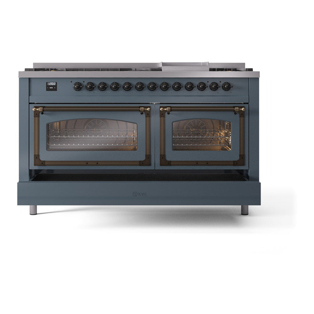 ILVE Nostalgie II Noblesse 60" Blue Grey Dual Fuel Range with 9 Burners and Griddle Triple Glass Door Liquid Propane