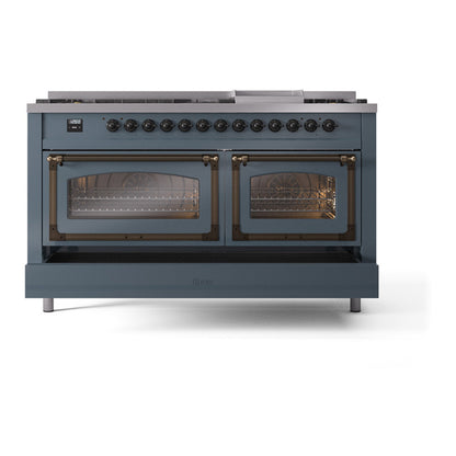 ILVE Nostalgie II Noblesse 60" Blue Grey Dual Fuel Range with 9 Burners and Griddle Triple Glass Door Liquid Propane