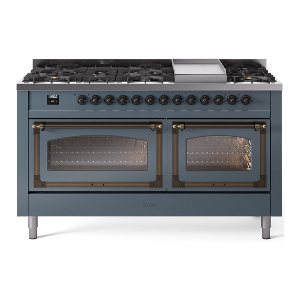 ILVE Nostalgie II Noblesse 60" Blue Grey Dual Fuel Range with 9 Burners and Griddle Triple Glass Door Natural Gas