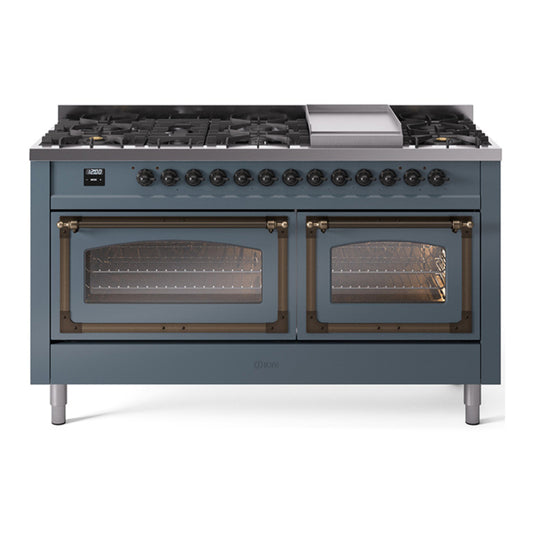 ILVE Nostalgie II Noblesse 60" Blue Grey Dual Fuel Range with 9 Burners and Griddle Triple Glass Door Natural Gas