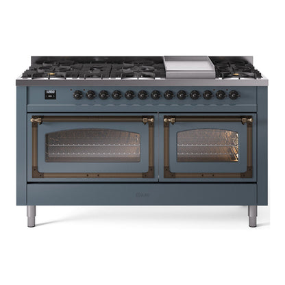 ILVE Nostalgie II Noblesse 60" Blue Grey Dual Fuel Range with 9 Burners and Griddle Triple Glass Door Natural Gas
