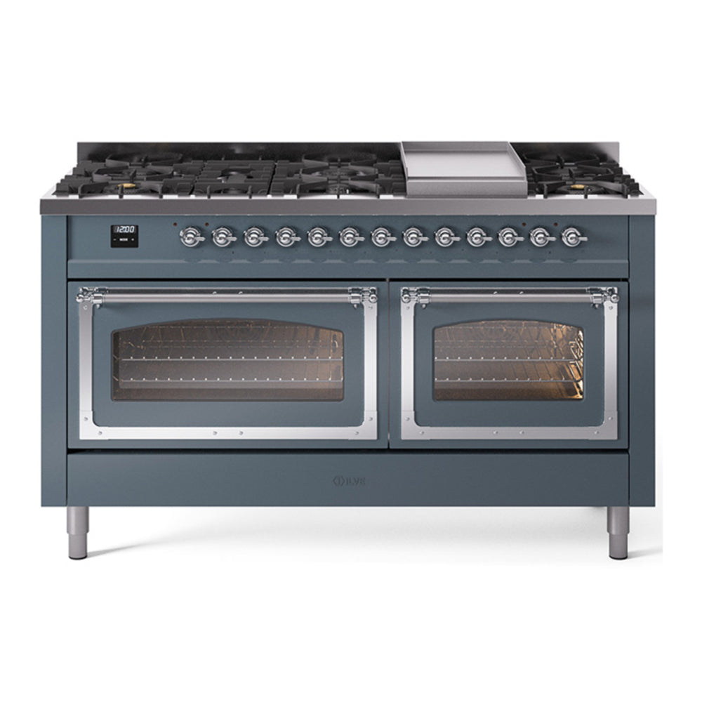 ILVE Nostalgie II Noblesse 60" Blue Grey Dual Fuel Range with 9 Burners and Griddle Triple Glass Door Natural Gas
