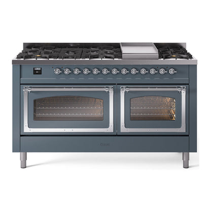 ILVE Nostalgie II Noblesse 60" Blue Grey Dual Fuel Range with 9 Burners and Griddle Triple Glass Door Natural Gas
