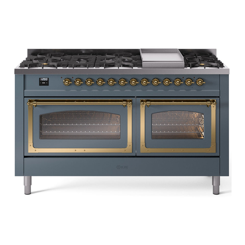 ILVE Nostalgie II Noblesse 60" Blue Grey Dual Fuel Range with 9 Burners and Griddle Triple Glass Door Liquid Propane