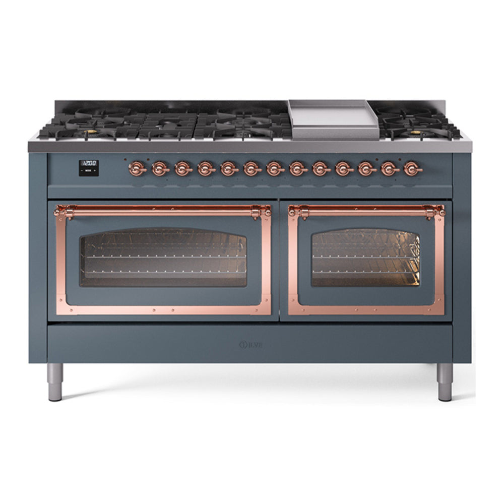 ILVE Nostalgie II Noblesse 60" Blue Grey Dual Fuel Range with 9 Burners and Griddle Triple Glass Door Natural Gas