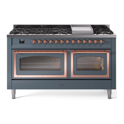 ILVE Nostalgie II Noblesse 60" Blue Grey Dual Fuel Range with 9 Burners and Griddle Triple Glass Door Natural Gas