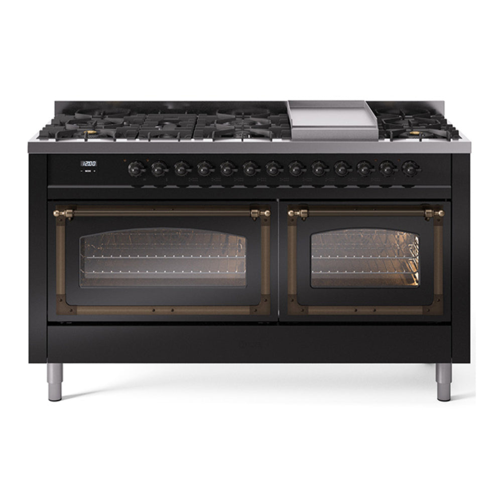 ILVE Nostalgie II Noblesse 60" Glossy Black Dual Fuel Range with 9 Burners and Griddle Triple Glass Door Natural Gas