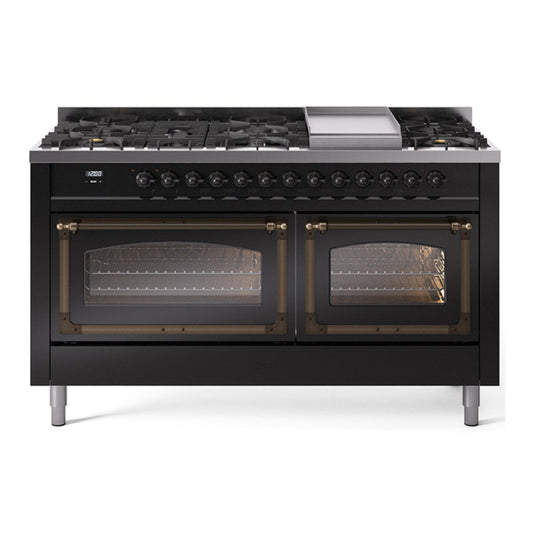 ILVE Nostalgie II Noblesse 60" Glossy Black Dual Fuel Range with 9 Burners and Griddle Triple Glass Door Natural Gas