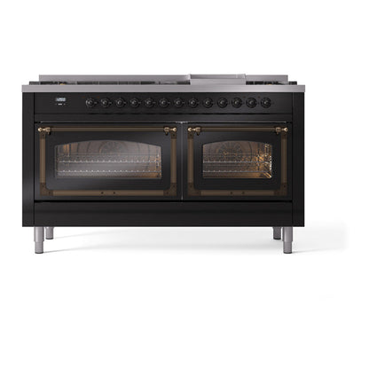 ILVE Nostalgie II Noblesse 60" Glossy Black Dual Fuel Range with 9 Burners and Griddle Triple Glass Door Natural Gas