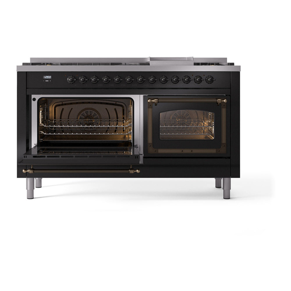 ILVE Nostalgie II Noblesse 60" Glossy Black Dual Fuel Range with 9 Burners and Griddle Triple Glass Door Natural Gas